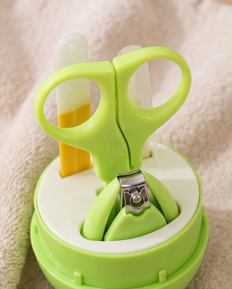 Premium 4-Piece Baby Nail Care Grooming Kit | Baby Nail Clipper, Safety Scissors, Tweezers & Nail File with Cute Green Travel Case