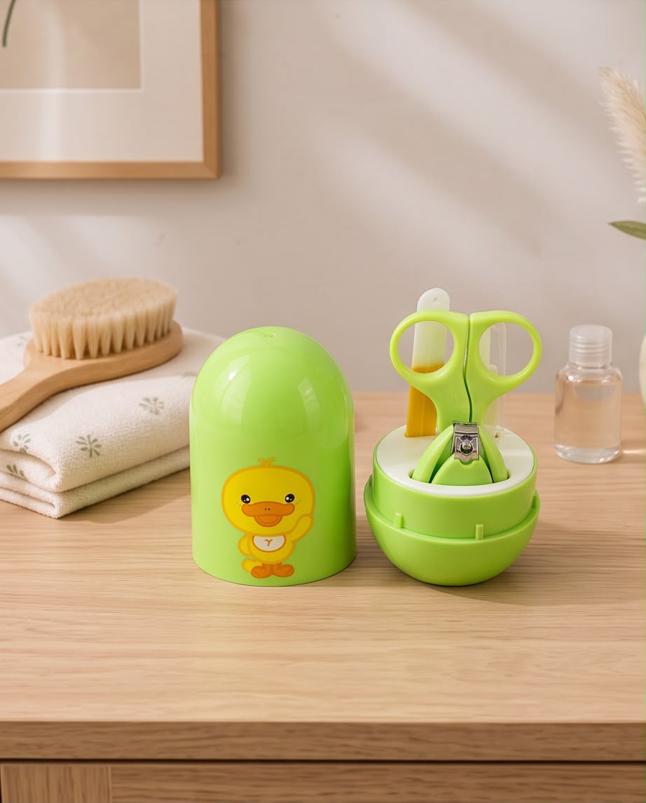Premium 4-Piece Baby Nail Care Grooming Kit | Baby Nail Clipper, Safety Scissors, Tweezers & Nail File with Cute Green Travel Case