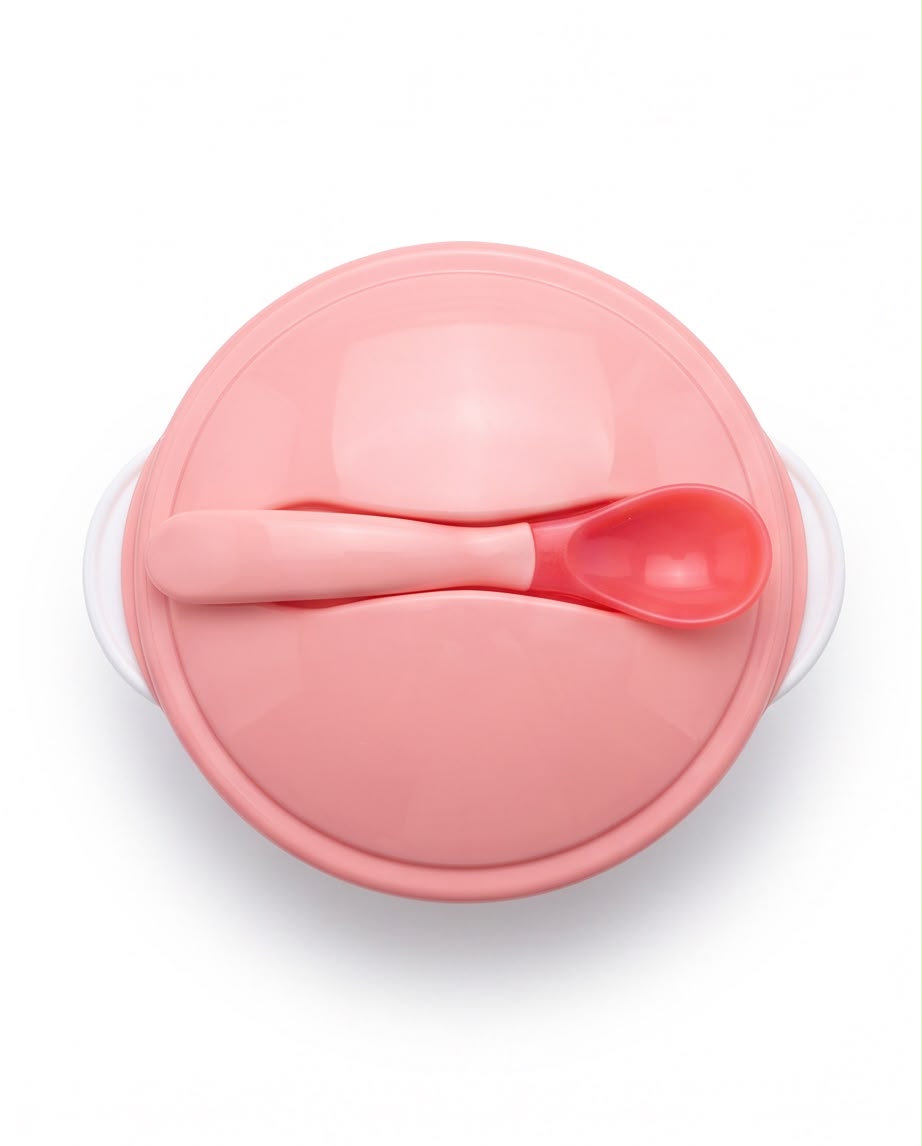 Baby Feeding Bowl with Spoon & Lid | BPA-Free Toddler Feeding Set | Non-Slip Suction Base | Pink & White