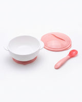 Baby Feeding Bowl with Spoon & Lid | BPA-Free Toddler Feeding Set | Non-Slip Suction Base | Pink & White