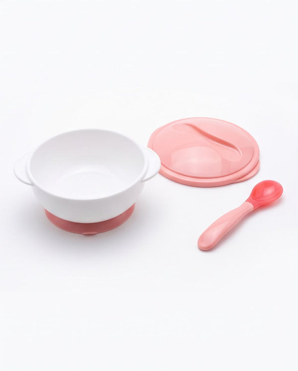 Baby Feeding Bowl with Spoon & Lid | BPA-Free Toddler Feeding Set | Non-Slip Suction Base | Pink & White