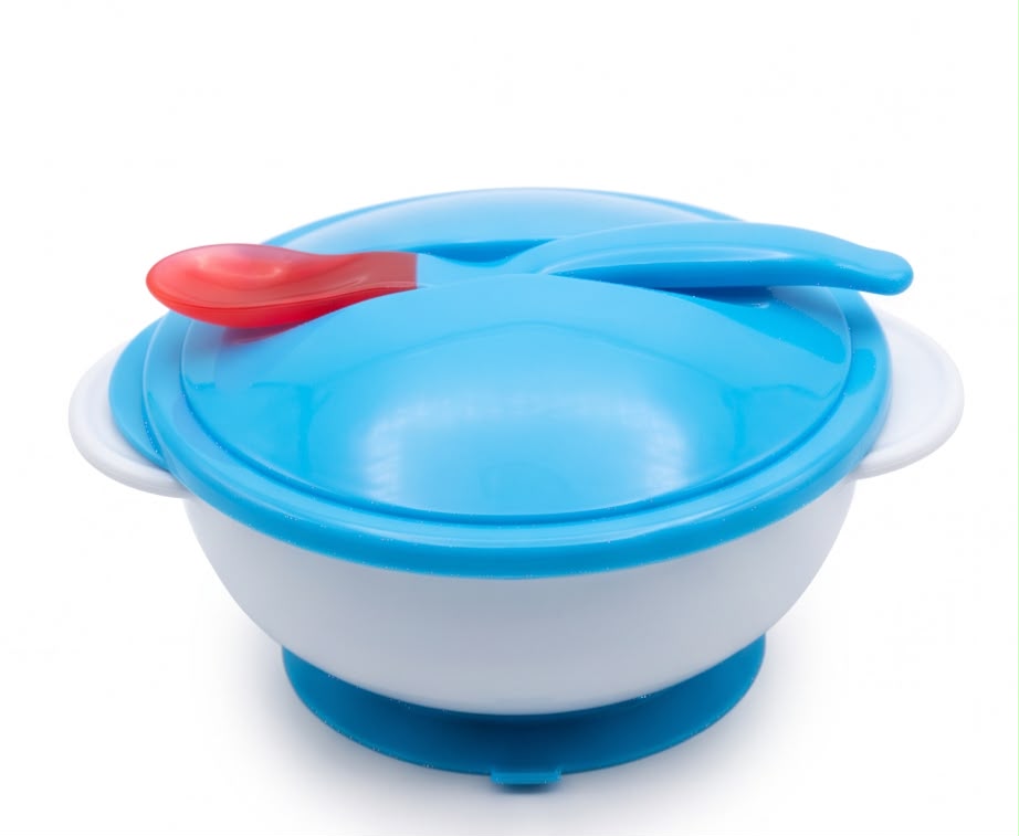 Baby Feeding Bowl with Lid & Spoon | BPA-Free Suction Bowl Set for Babies & Toddlers | Blue & White