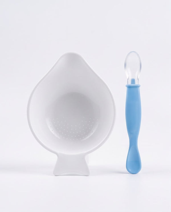 Baby Feeding Bowl with Silicone Spoon | BPA-Free Plastic Weaning Bowl Set | White & Blue