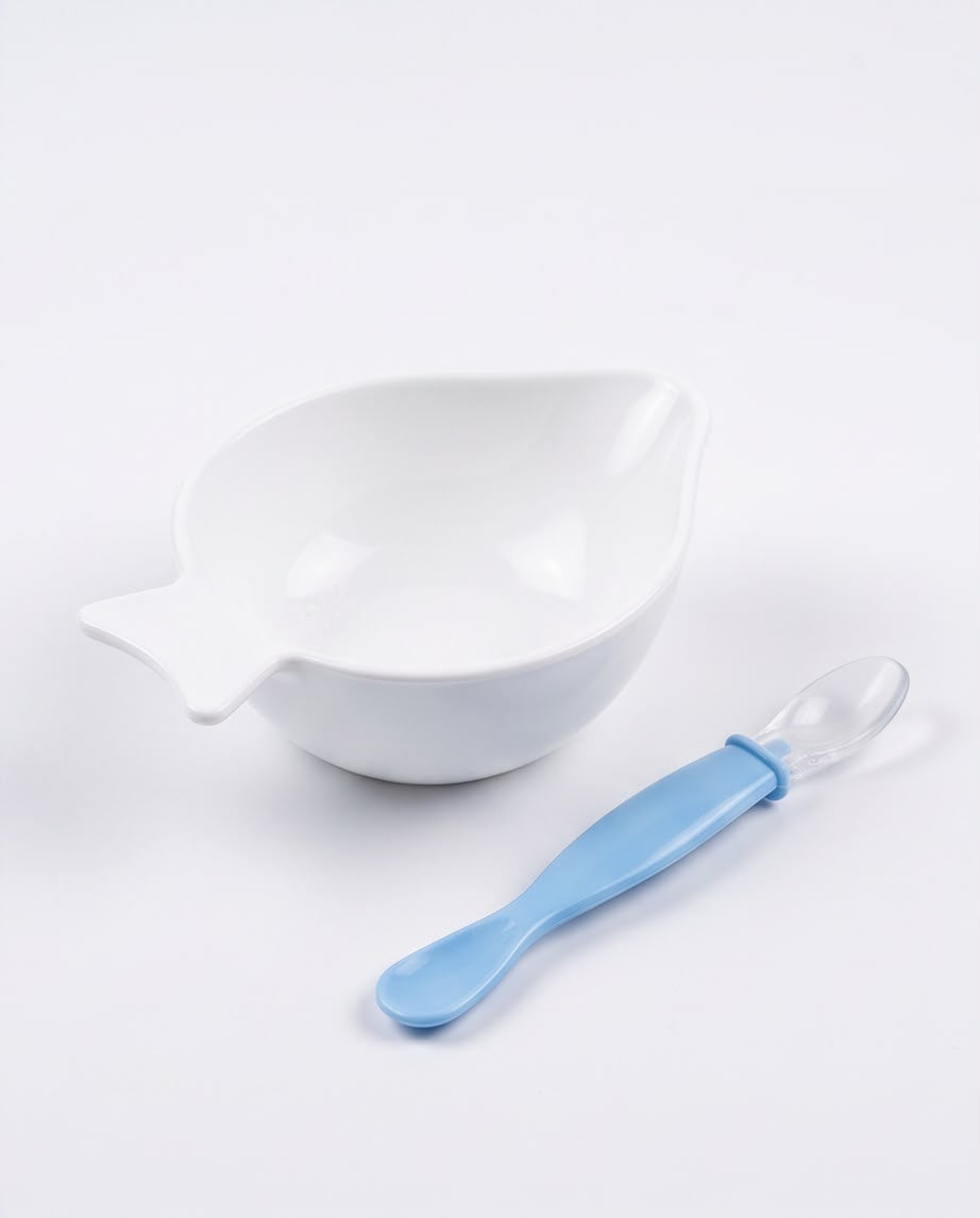 Baby Feeding Bowl with Silicone Spoon | BPA-Free Plastic Weaning Bowl Set | White & Blue