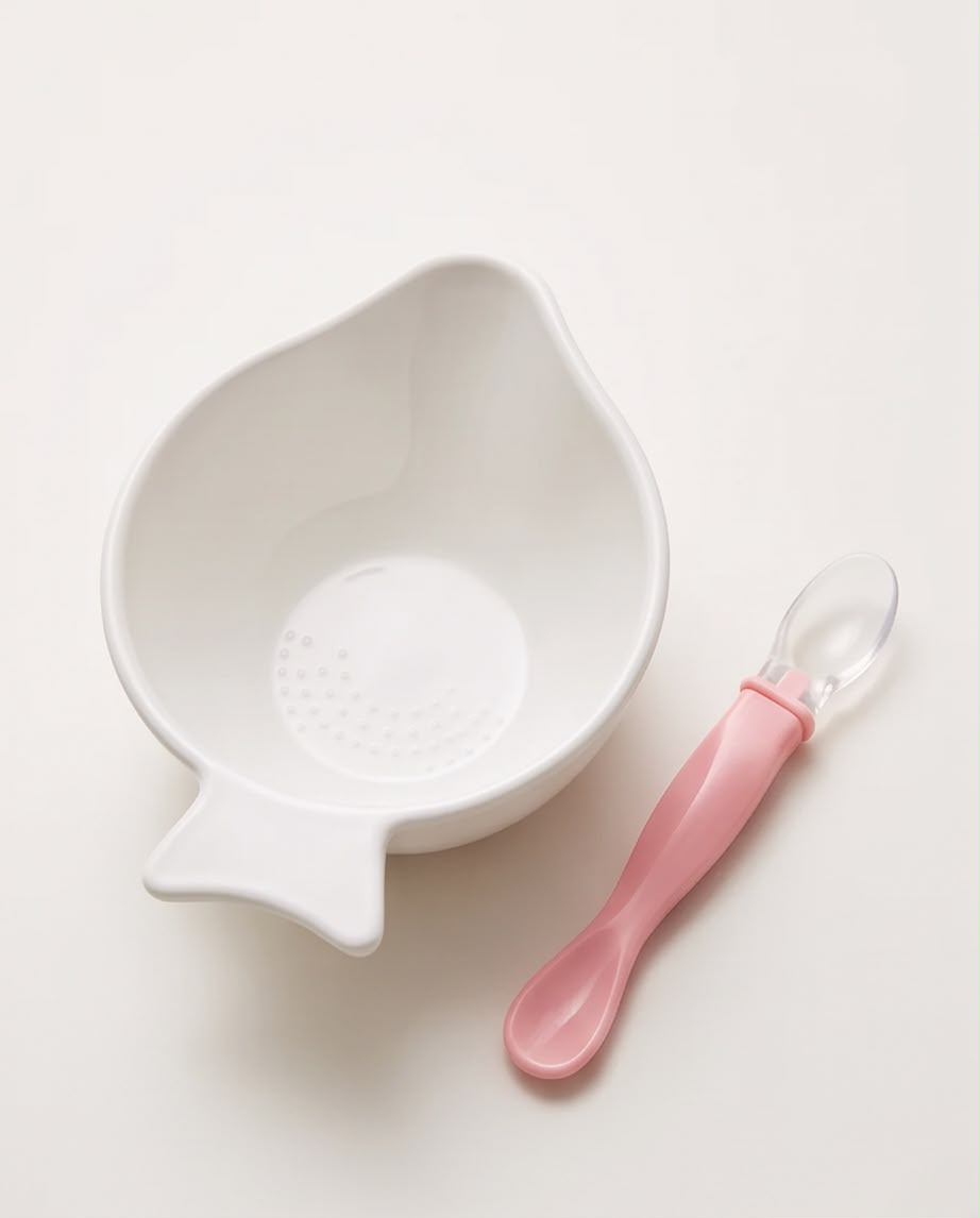 Baby Feeding Bowl with Silicone Spoon | BPA-Free Plastic Weaning Bowl Set | White & Pink