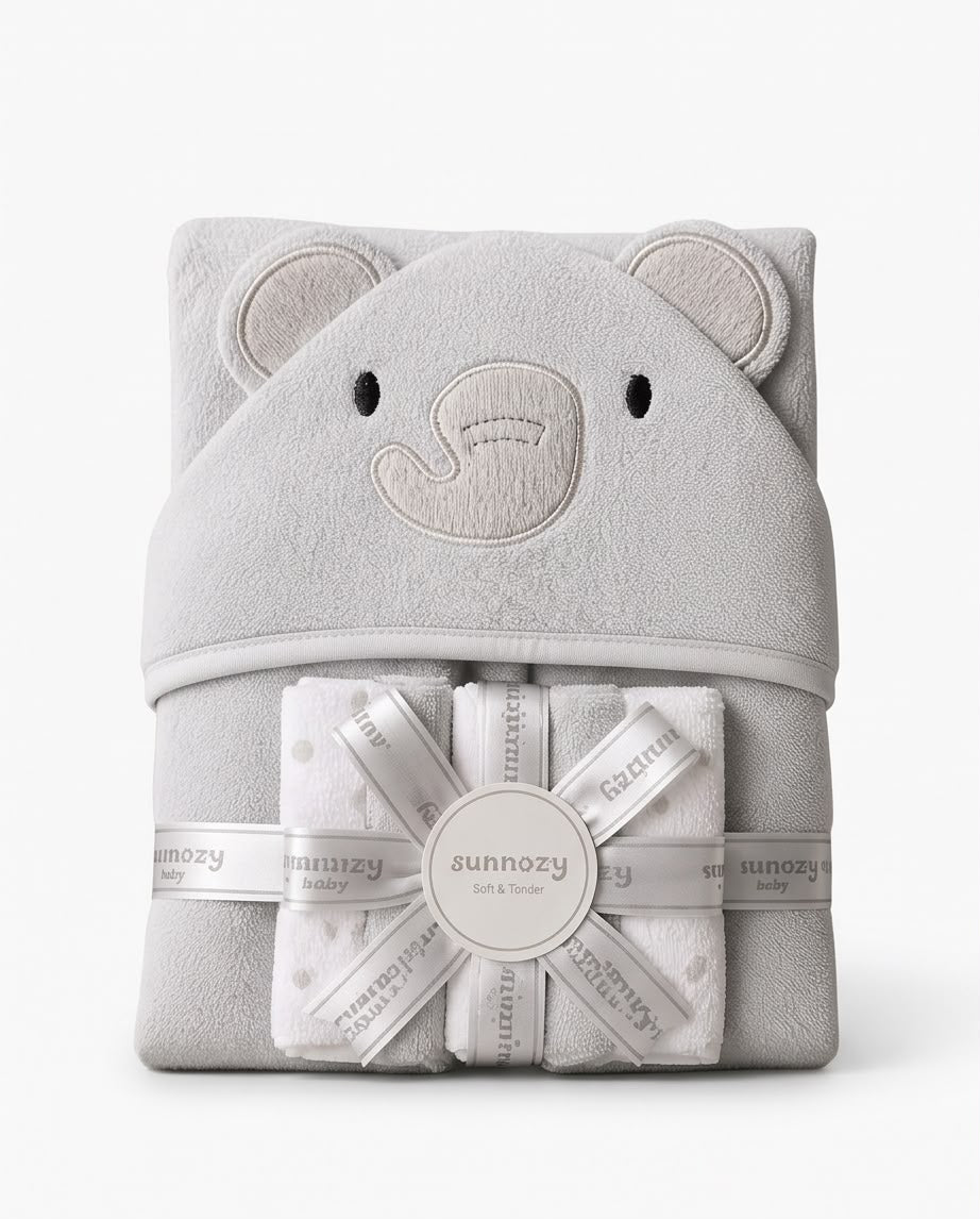 Baby Hooded Elephant Bath Towel Gift Set – Ultra Soft Newborn Bath Wrap with Washcloths, Grey