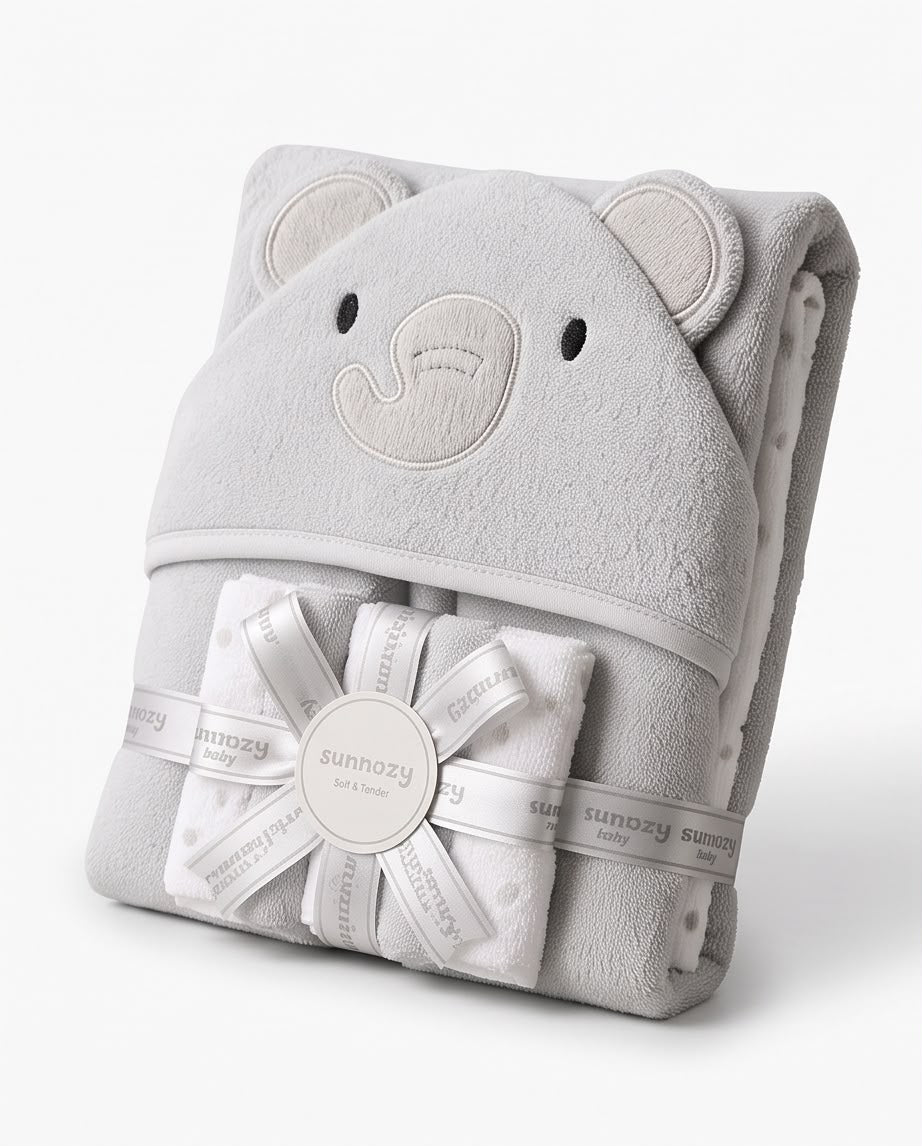 Baby Hooded Elephant Bath Towel Gift Set – Ultra Soft Newborn Bath Wrap with Washcloths, Grey