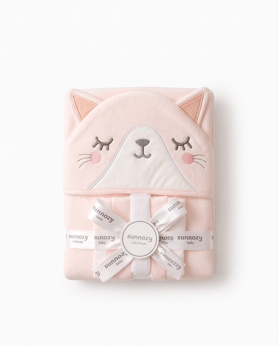 Baby Hooded Cat Bath Towel Gift Set – Ultra Soft Newborn Bath Wrap with Washcloths, Pink
