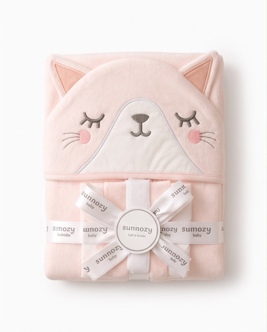 Baby Hooded Cat Bath Towel Gift Set – Ultra Soft Newborn Bath Wrap with Washcloths, Pink