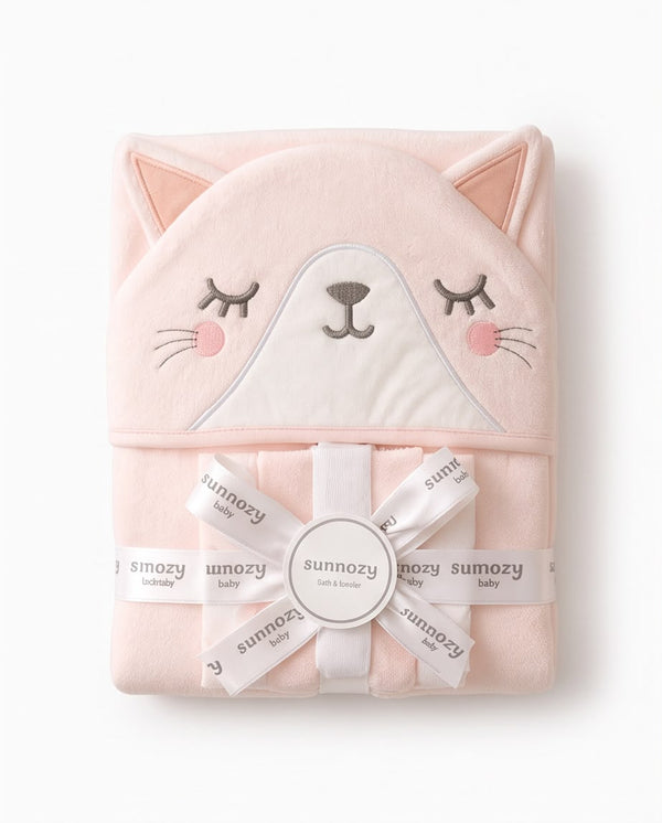 Baby Hooded Cat Bath Towel Gift Set – Ultra Soft Newborn Bath Wrap with Washcloths, Pink