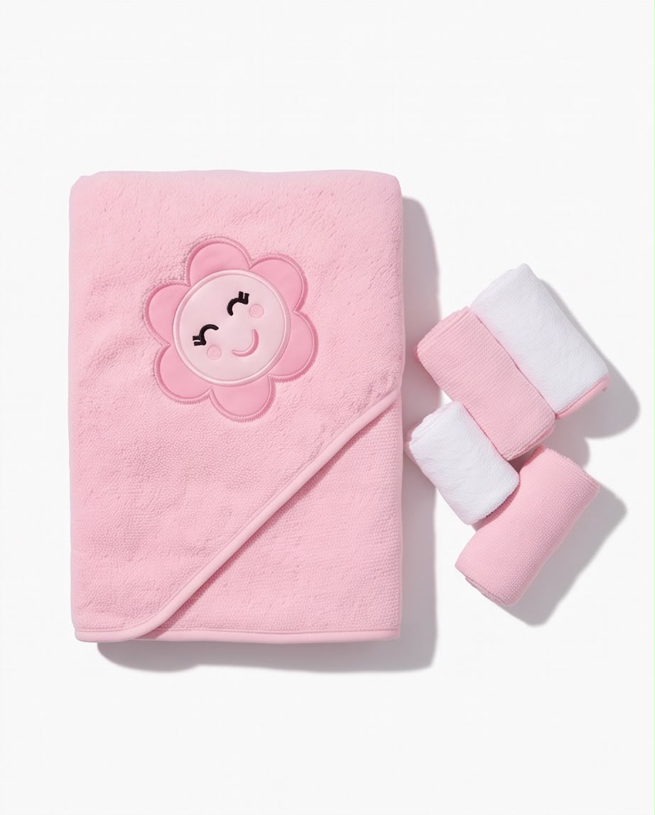 Pink Premium Baby Hooded Bath Towel Set with 4 Soft Face Towels – Ultra Soft & Absorbent (5-Piece)