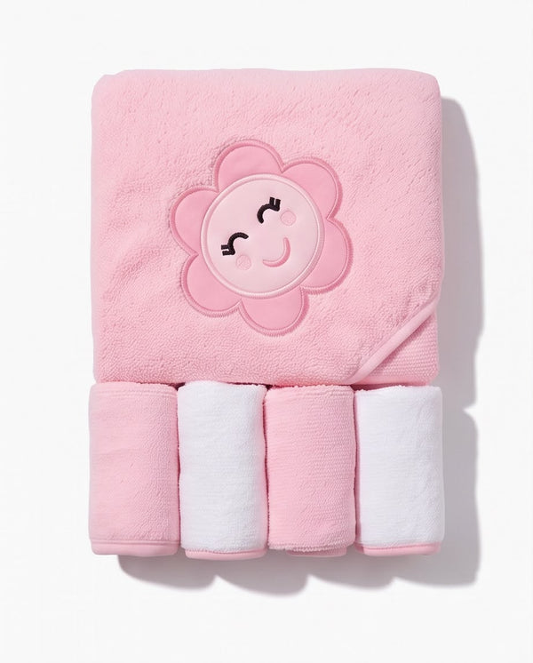 Pink Premium Baby Hooded Bath Towel Set with 4 Soft Face Towels – Ultra Soft & Absorbent (5-Piece)