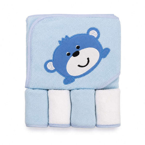 Blue & White Premium Baby Hooded Bath Towel Set with 4 Soft Face Towels – Ultra Soft & Absorbent (5 Pieces)