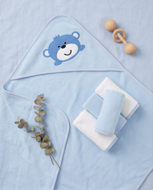 Blue & White Premium Baby Hooded Bath Towel Set with 4 Soft Face Towels – Ultra Soft & Absorbent (5 Pieces)