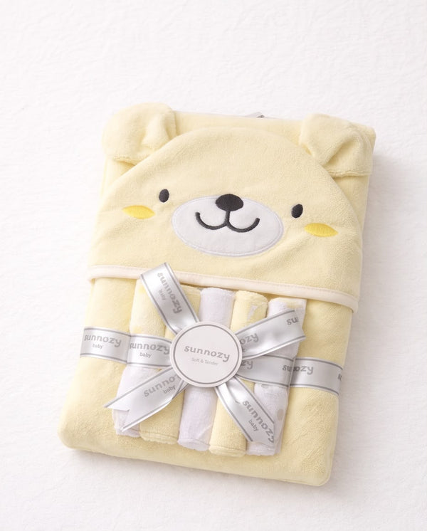 Sunnozy Baby Hooded Towel & Washcloth Gift Set – Ultra Soft Cotton Bath Towel for Newborns & Infants (Yellow Bear Design)