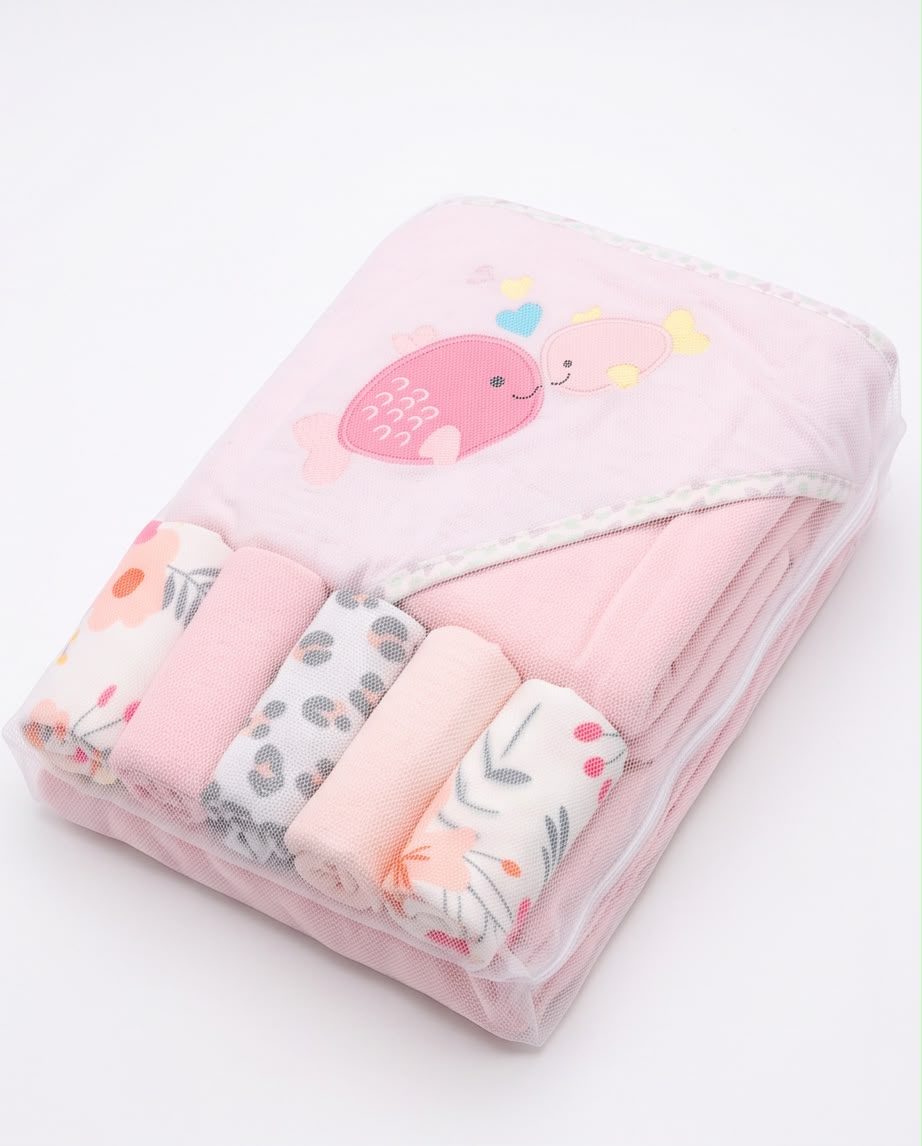 5-Piece Baby Hooded Bath Towel & Washcloth Set – Cute Fish Design | Ultra Soft & Absorbent Cotton for Newborns