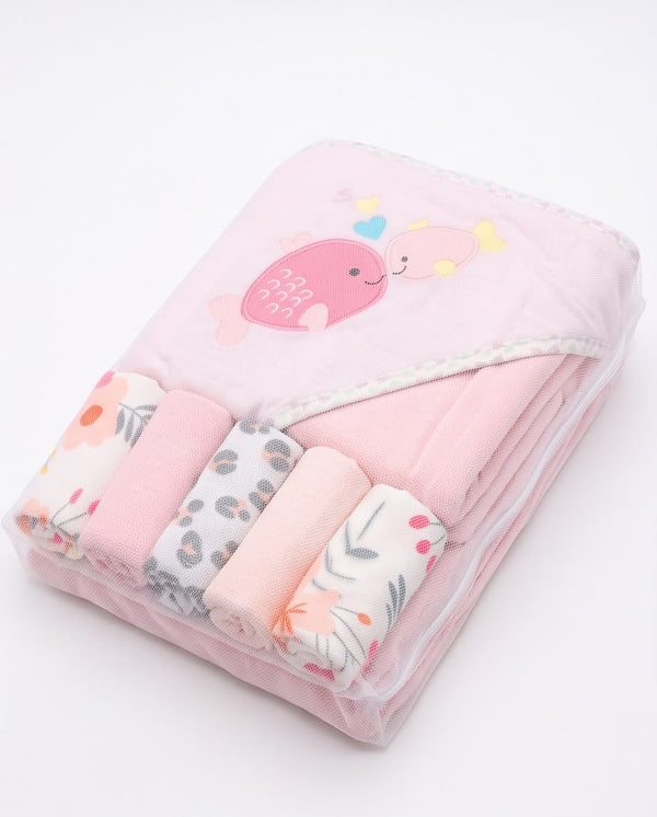 5-Piece Baby Hooded Bath Towel & Washcloth Set – Cute Fish Design | Ultra Soft & Absorbent Cotton for Newborns