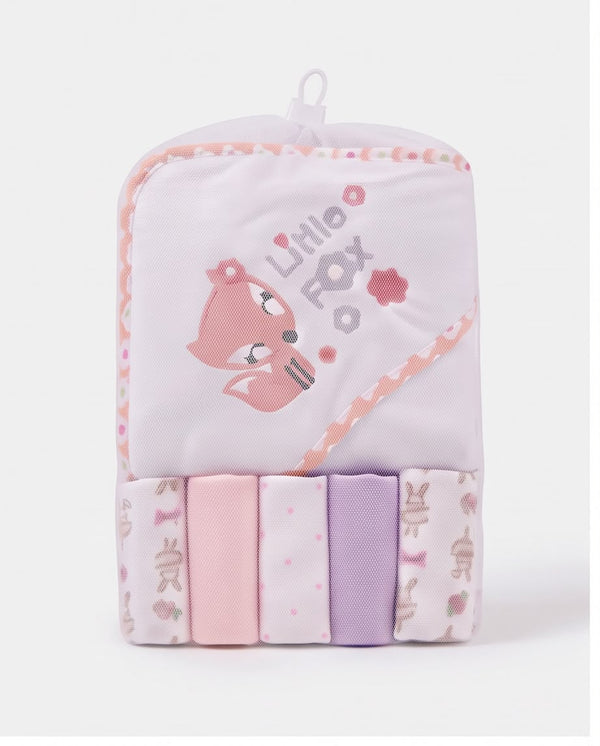 5-Piece Baby Hooded Bath Towel & Washcloth Gift Set – Pink Fox Design | Ultra Soft Cotton for Newborns