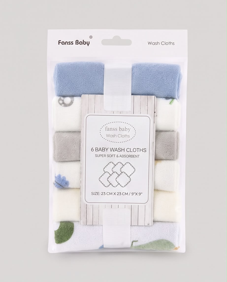 Fanss Baby 6-Piece Baby Washcloth Set – Ultra Soft & Absorbent Cotton Face Towels | Blue & Grey