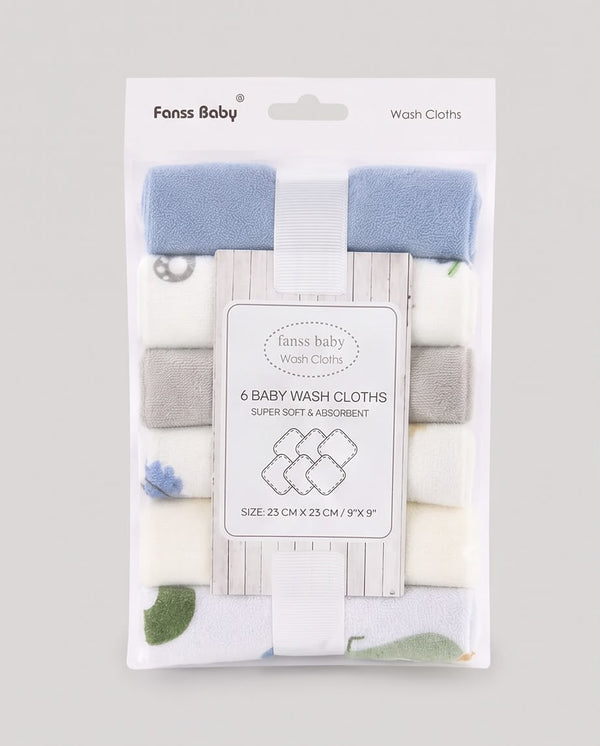 Fanss Baby 6-Piece Baby Washcloth Set – Ultra Soft & Absorbent Cotton Face Towels | Blue & Grey