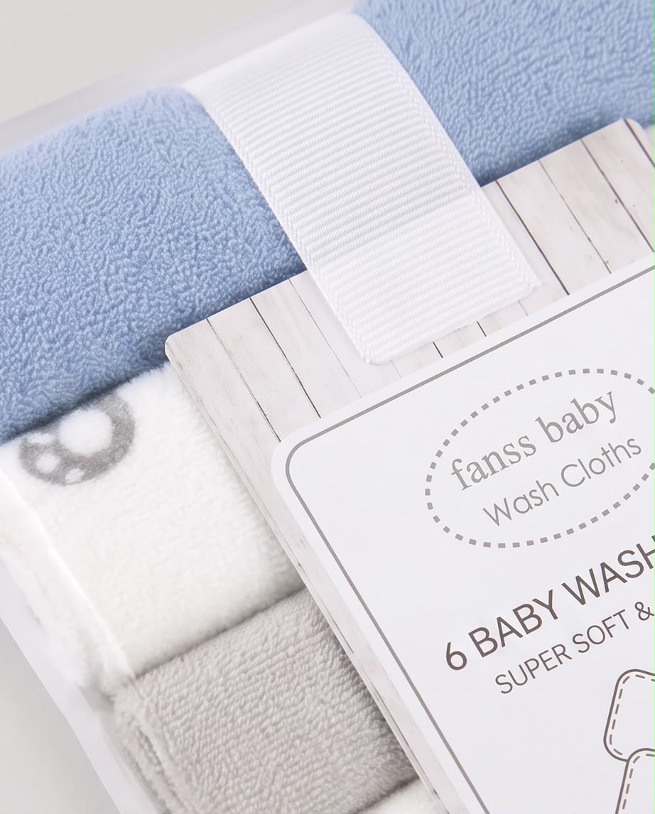 Fanss Baby 6-Piece Baby Washcloth Set – Ultra Soft & Absorbent Cotton Face Towels | Blue & Grey