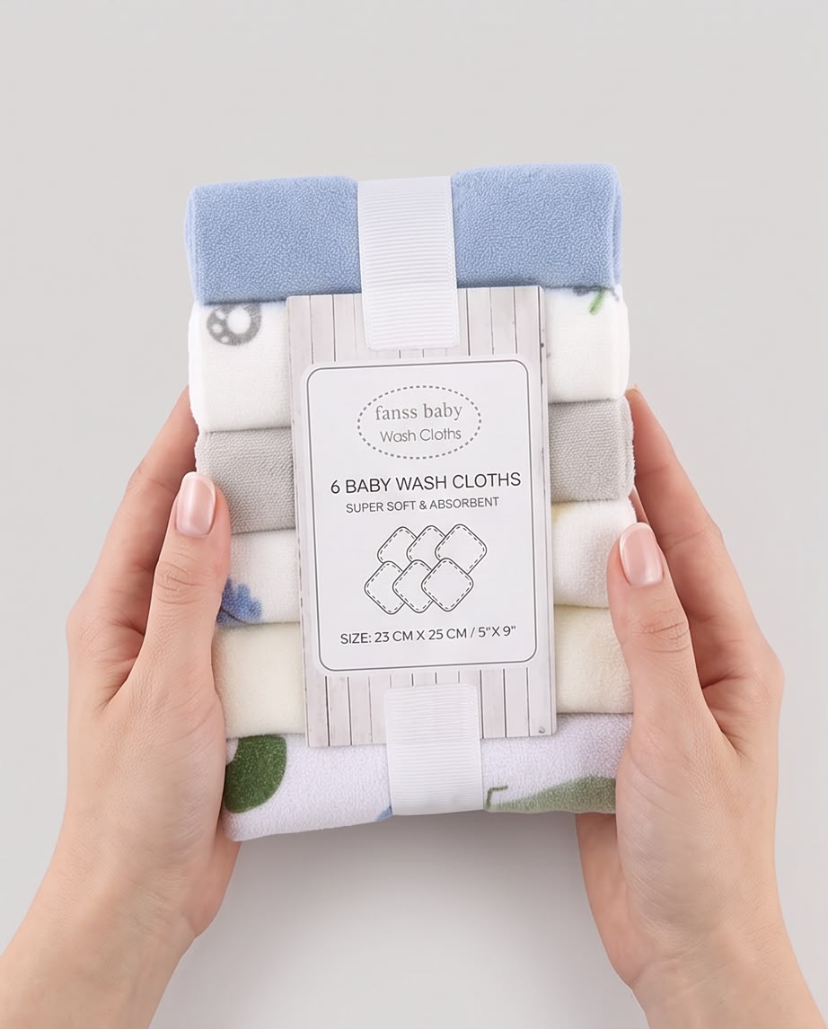 Fanss Baby 6-Piece Baby Washcloth Set – Ultra Soft & Absorbent Cotton Face Towels | Blue & Grey