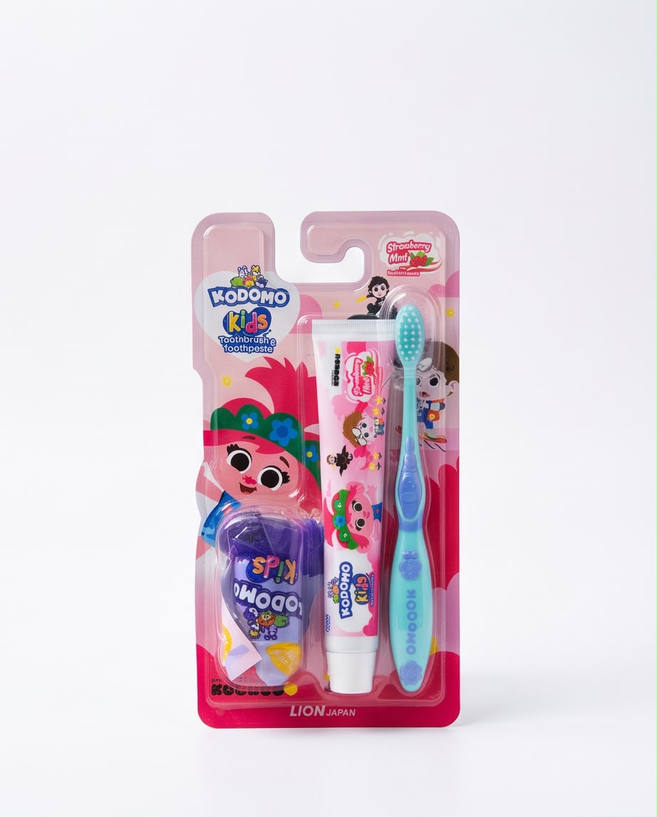KODOMO Kids Strawberry Mint Toothbrush & Toothpaste Set with Mini Gift