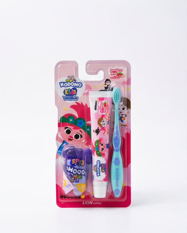 KODOMO Kids Strawberry Mint Toothbrush & Toothpaste Set with Mini Gift
