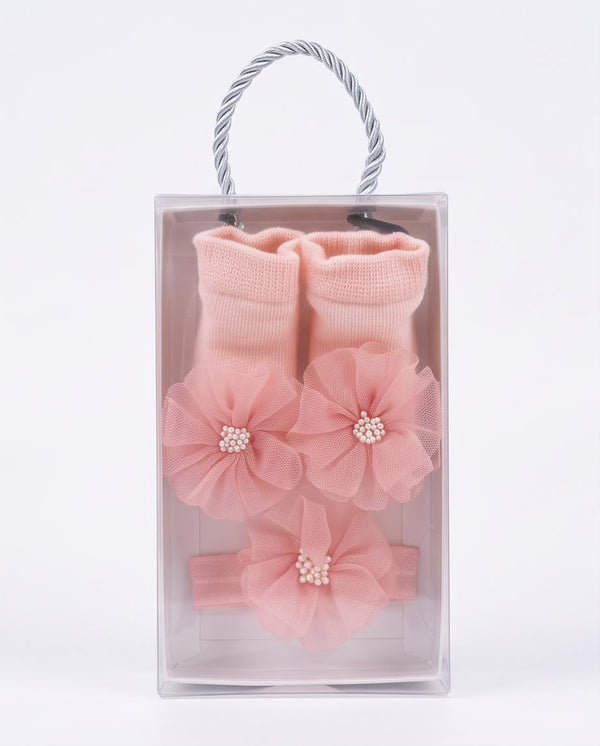 Baby Girl Pink Flower Socks & Headband Set – 2 Piece
