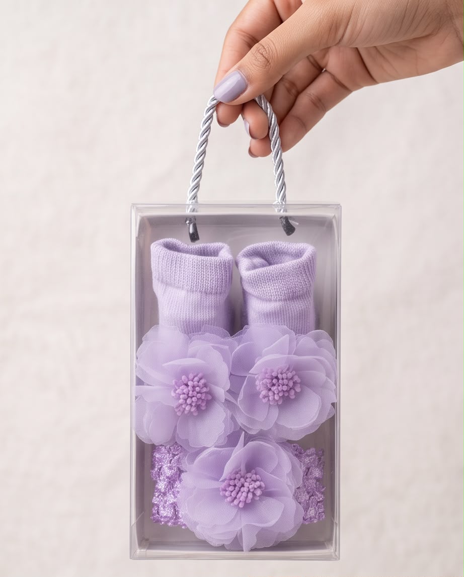 Baby Girl Lavender Flower Socks & Headband Set – 2 Piece