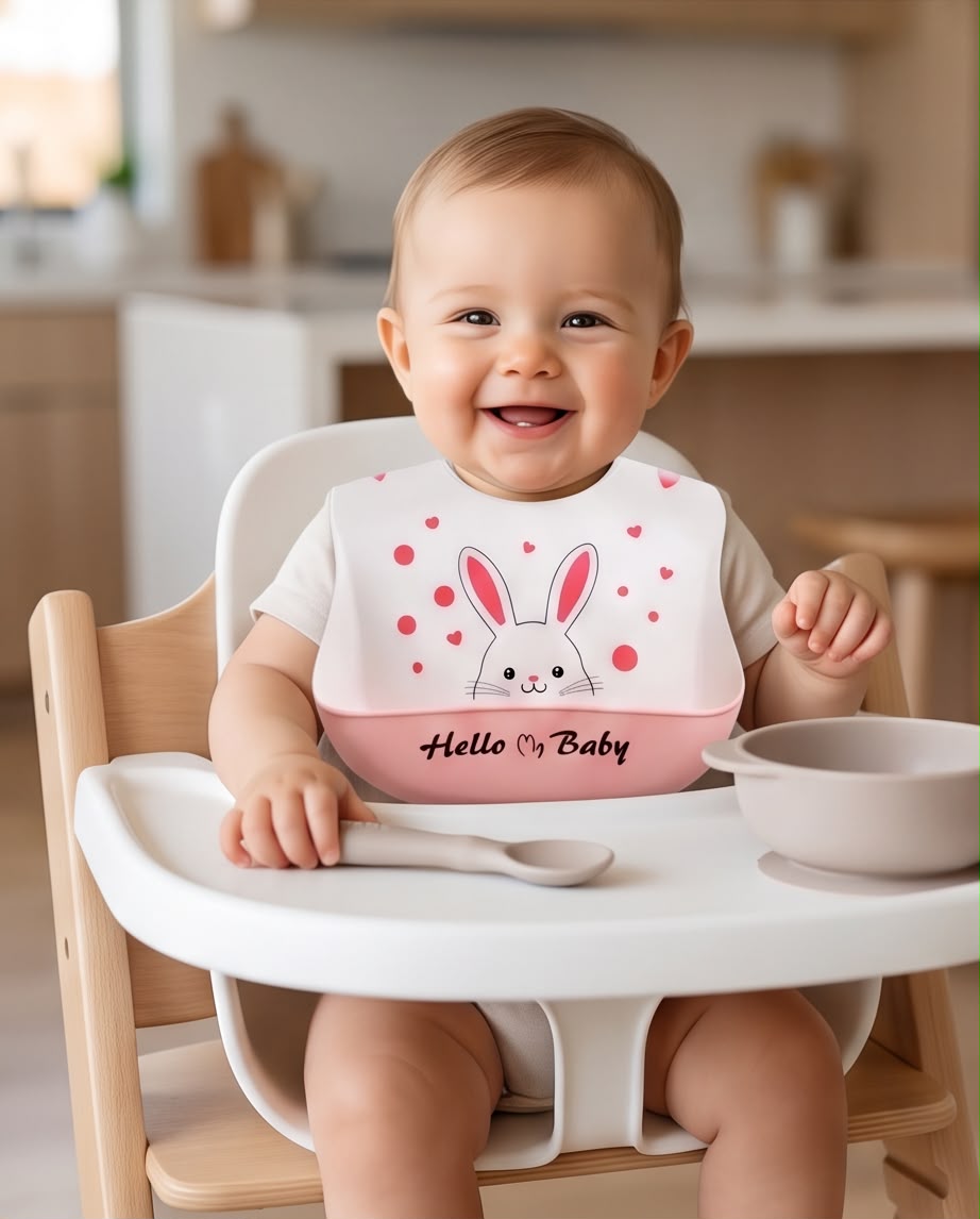 Cute Silicone Baby Feeding Bib with Food Catcher Pocket