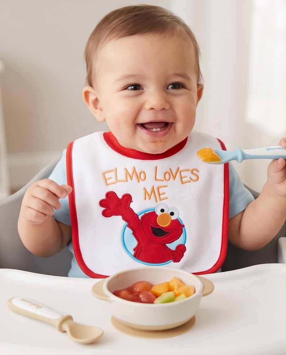 Baby Feeding Bib – Soft Terry Cloth Elmo Print with Red Trim