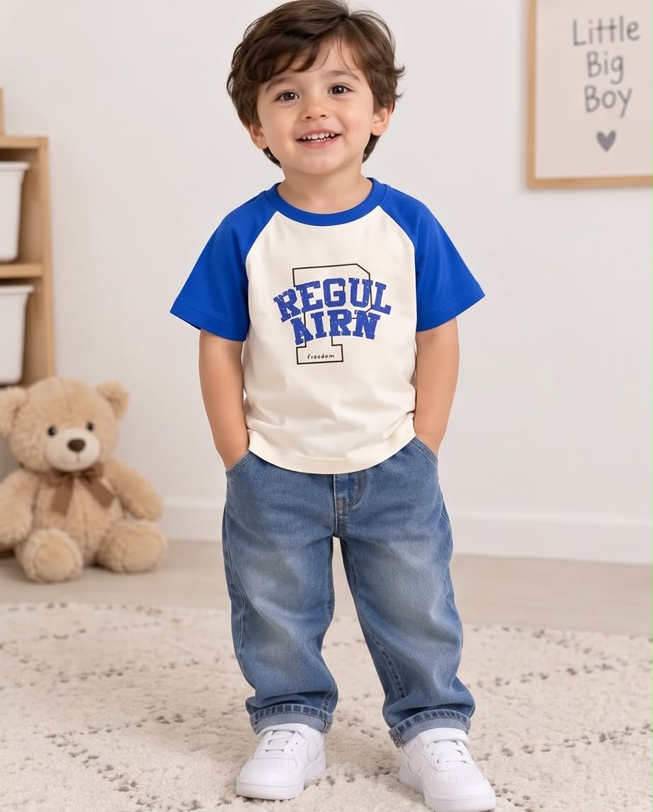 Boys Cotton T-Shirt – Blue & White Printed Tee