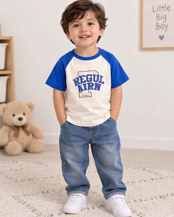 Boys Cotton T-Shirt – Blue & White Printed Tee
