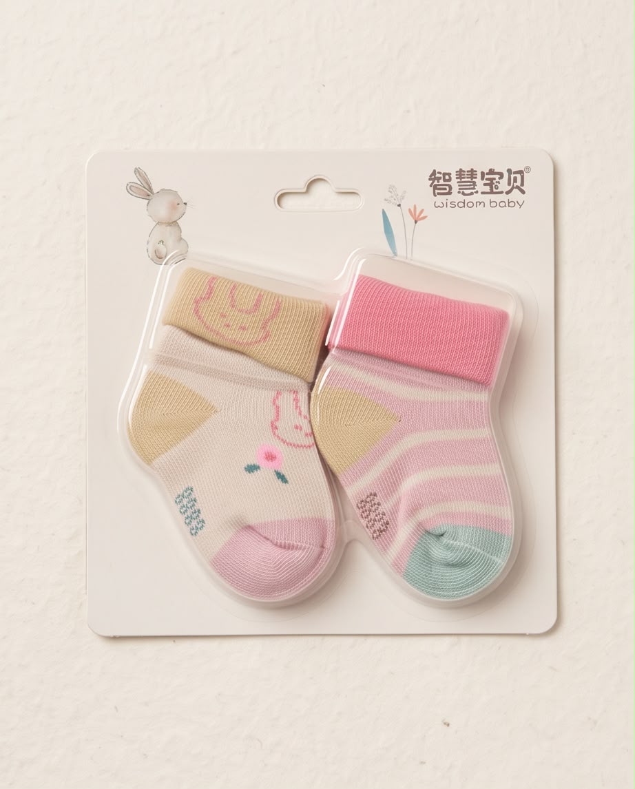Baby Soft Cotton Socks – 2 Pair Set | Cute Pink & Cream Design