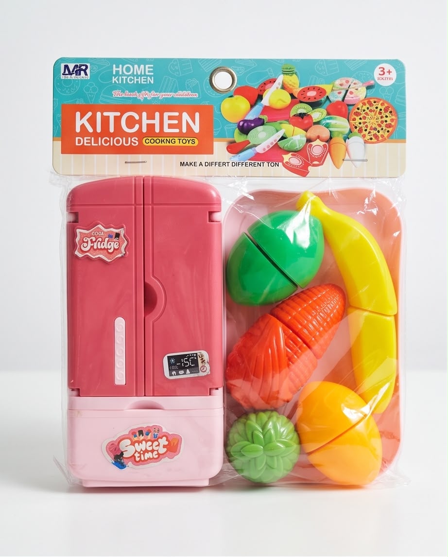 Kids Pretend Play Kitchen Set – Mini Fridge & Cutting Fruits Set