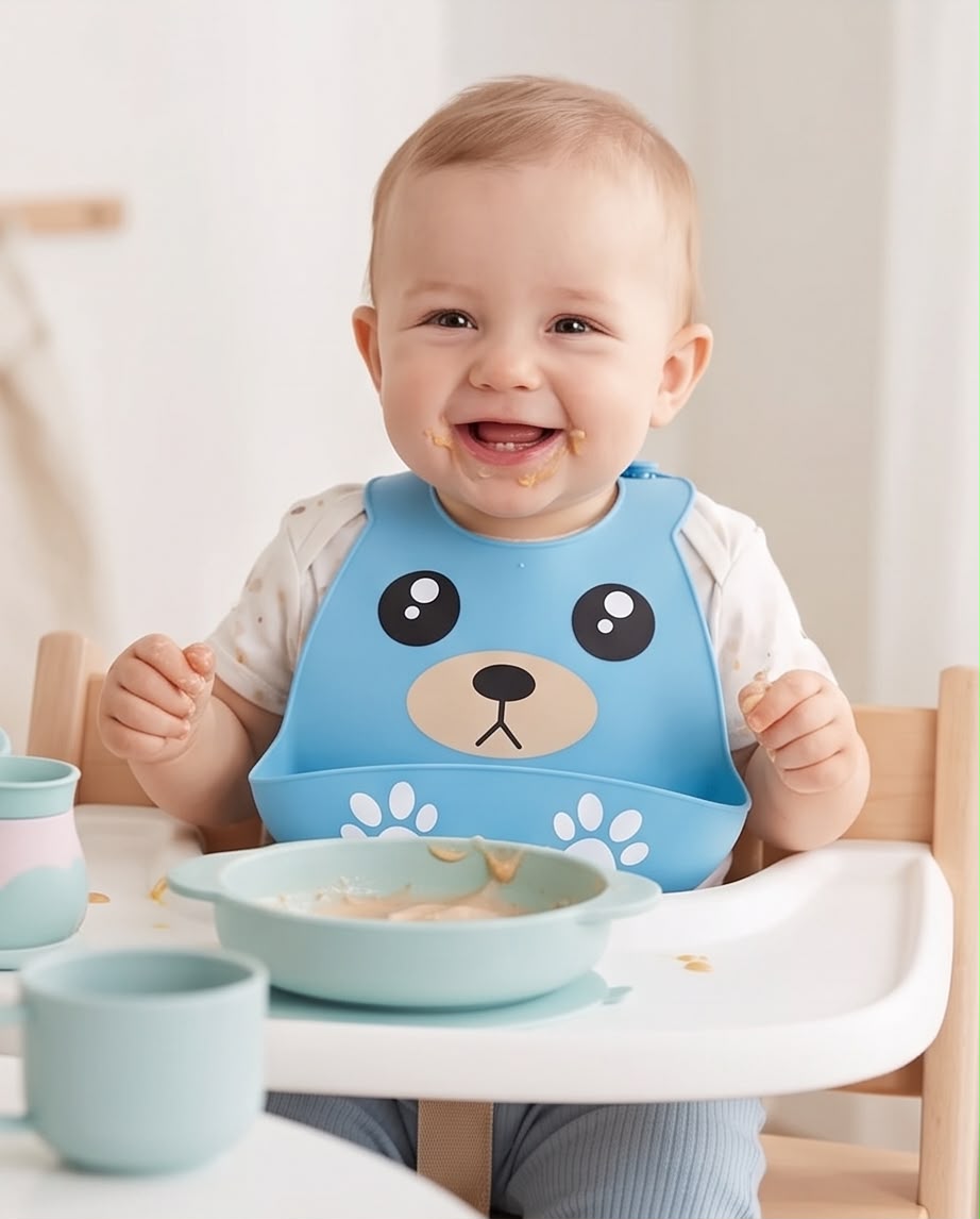 Silicone Baby Bib with Food Catcher – Cute Bear Feeding Bib
