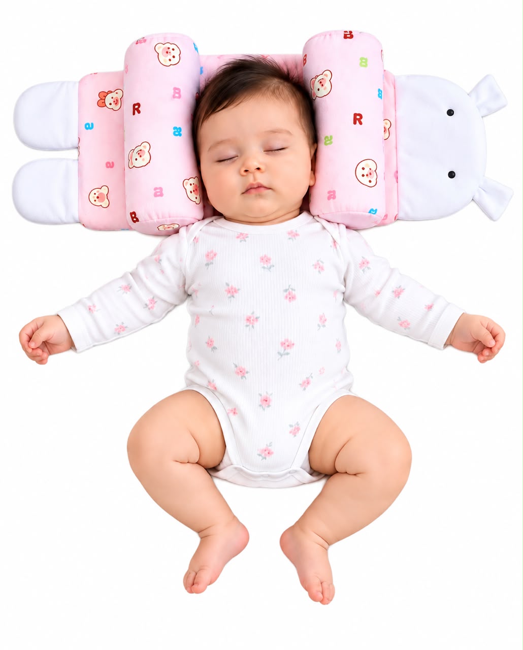 Baby Head & Body Support Cushion – Soft Padded Infant Support Pillow (Pink Bear Print)