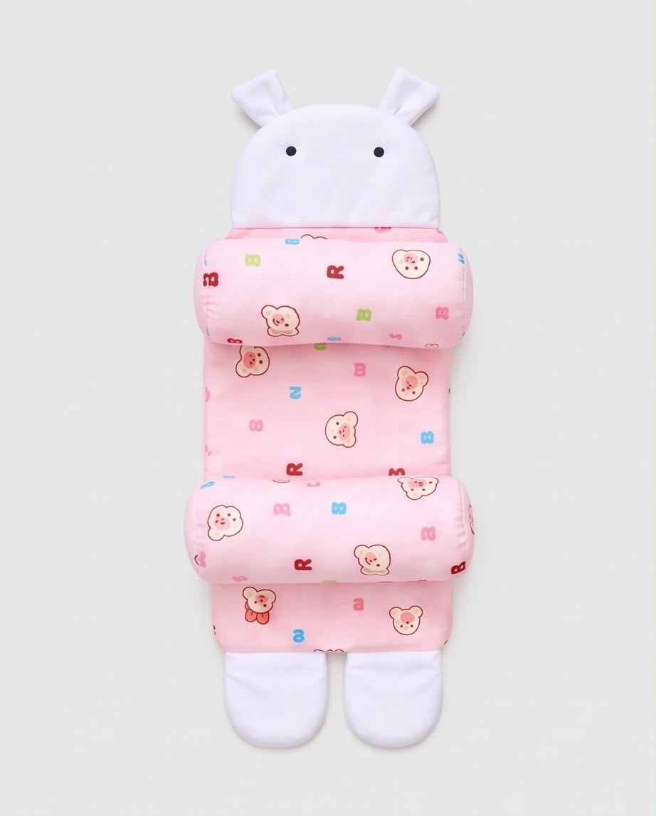 Baby Head & Body Support Cushion – Soft Padded Infant Support Pillow (Pink Bear Print)